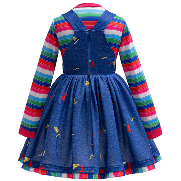 Barn Chucky Halloween Kostym Pojkar Flickor Blå Blommig Overaller Randig Topp Klänning Cosplay Outfit 100cm