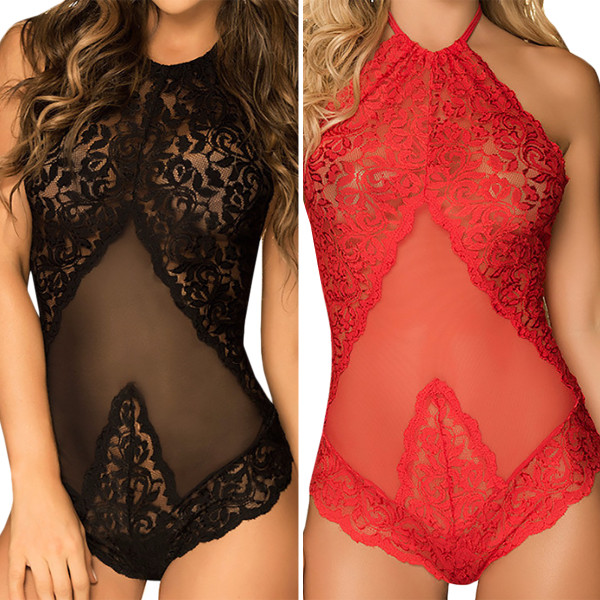 Kvinnors Genomskinliga Spets Babydoll Bodysuits Lingerie Nattkläder red S