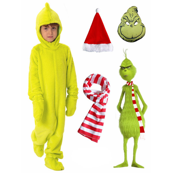 Barn Santa Grinch Jumpsuit med hatt Halsduk Juldräkt S