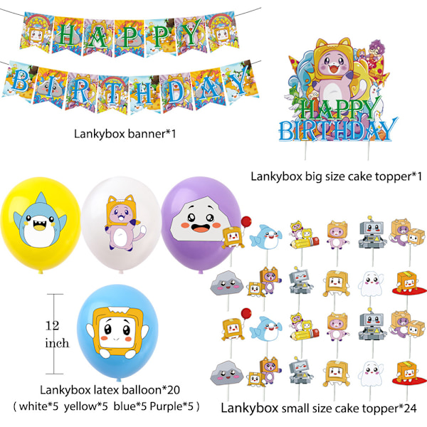Lankybox Födelsedagsfesttillbehör Banner Ballonger Set Tårta Cupcake Toppers Dekoration
