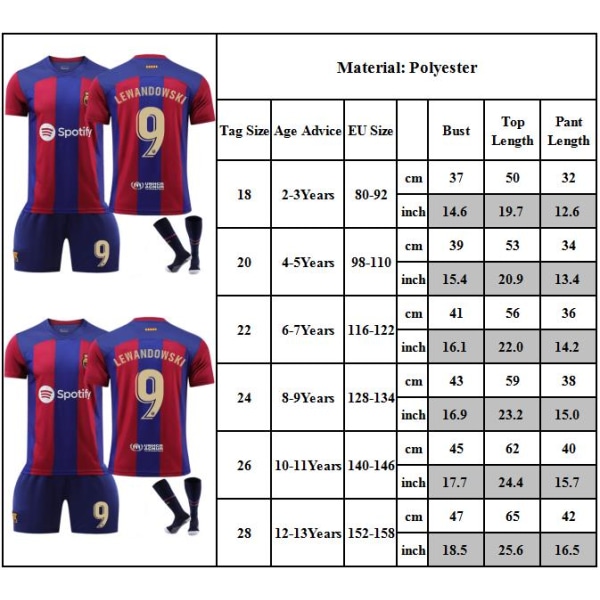 23-24 Ny Barcelona Fotbollströja Nr 9 Lewandowski Tröjasett, Ungdom/Barn Tröja Borta Fotbollströjasett Kort Med Strumpa 28