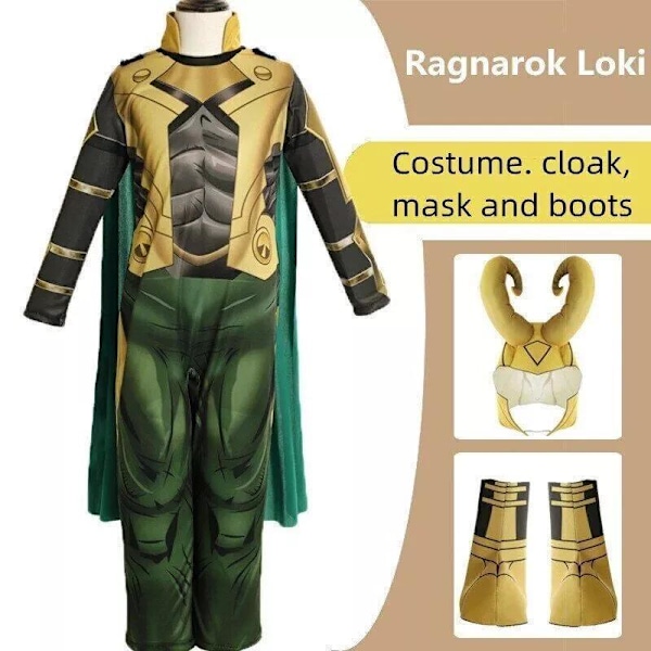 Barn Ragnarok Loki Cosplay Kostym Halloween Superhjälte Cosplay Jumpsuit Kappa S