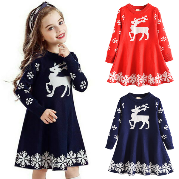 Jenter Jule Elk Trykk Langermet Prinsessekjole Vinter red 130cm
