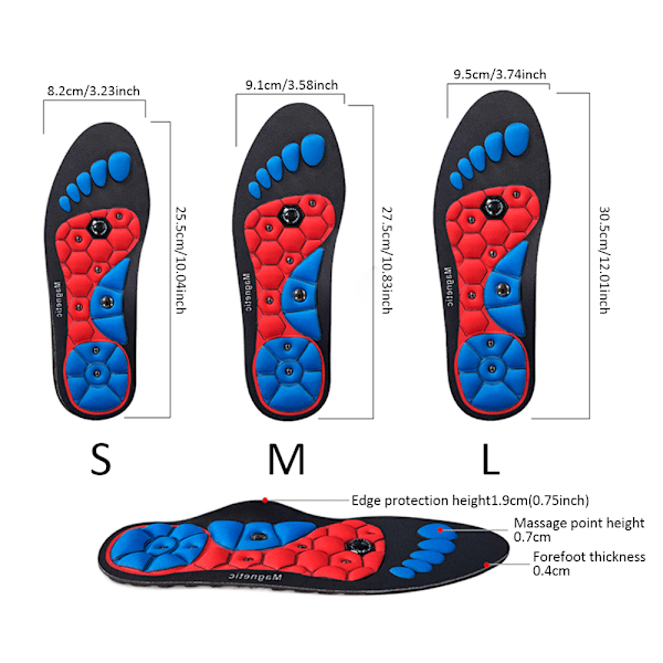 Akupressur inläggssulor, magnetiska akupressur reflexologi inläggssulor, magnetchips fingertryck inläggssulor Black M