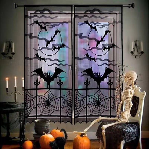 Halloween-pitsi-ikkunaverho, hämähäkinverkko-lepakko-ovipaneelin sisustus Bats