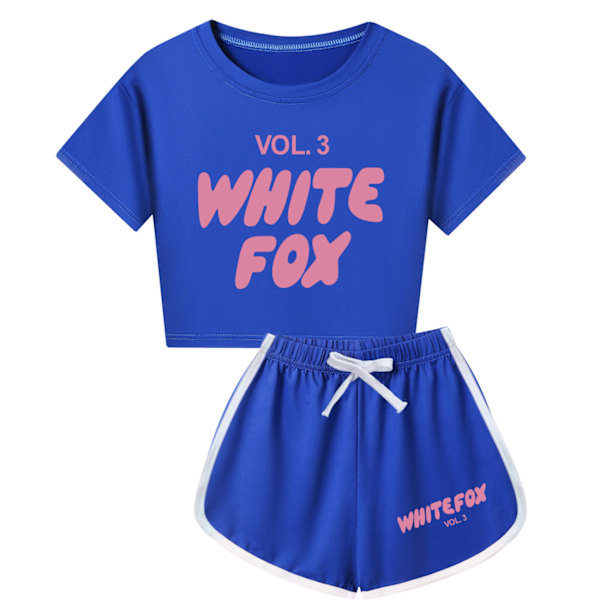 Flickor \"WHITE FOX\" Tryckt Träningsset med Bokstäver Söt Tecknad Anime Kortärmad T-shirt + Shorts Set Vardagliga Sportkläder Dark Blue 170cm