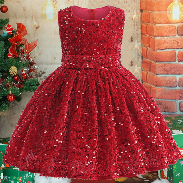 Jul barn Vintage paljettklänning flicka formell bröllopsklänning Red 130CM