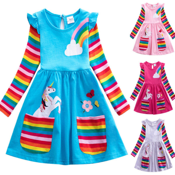 Kids Unicorn Dress Långärmad A-Line Rainbow Princess Dresses Rose Red 6-7 Years
