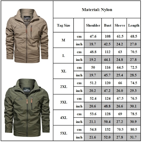 Herrar Jacka Casual Höst Vinter Varm Vindjacka Full Zip Vindtät Ytterkläder Modekappa Khaki M