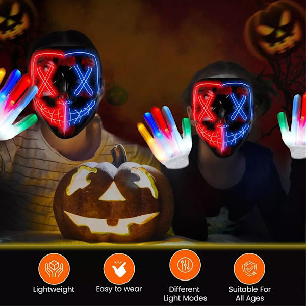 Halloween Led -naamio, valaiseva pelottava naamio ja LED-luurankokäsineet Halloween-cosplay-asuun ja juhlatarvikkeisiin