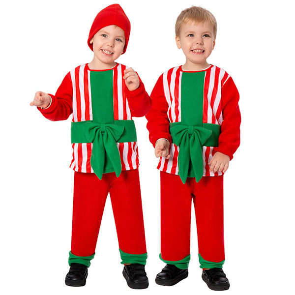 Juldräkt för barn - Söt rosett, randig topp, hatt och byxor, 3 delar, rolig presentaskformad cosplaydräkt för pojkar och flickor 3-14 år L