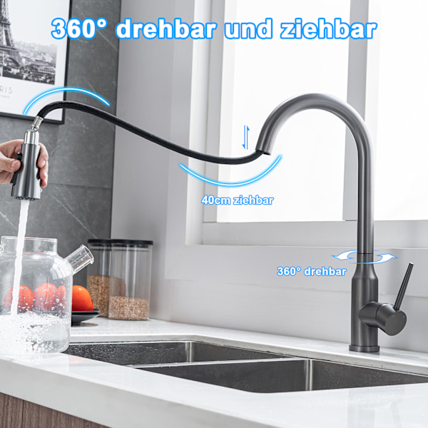 Køkkenarmaturer, 3 knapper 2 tilstande, 360° drejelig, rustfrit stål Grey