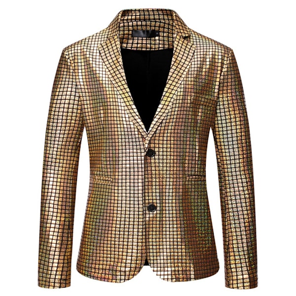 Herr 70-tals Disco Jacka Glänsande Paljett Bling Kavaj Rock Dansfest Bal Kostym Gold M
