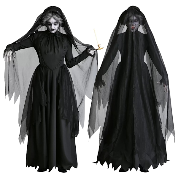 Kvinnors Halloween Spökhustru Cosplay Kostym Läskig Häxa Vampyr Svart Klänning Outfit L