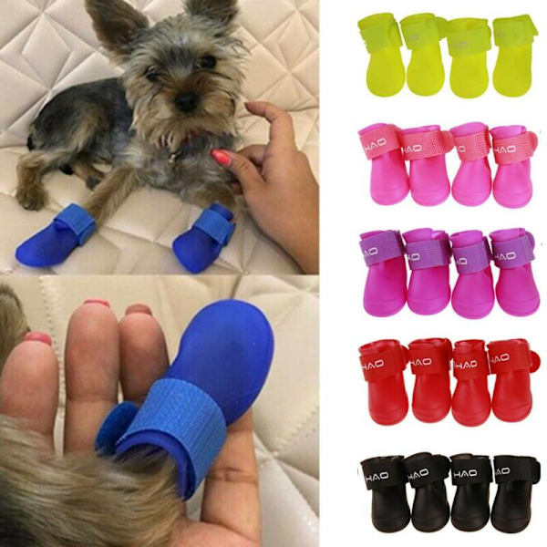 Husdjur Hund Vattentäta Skor Anti-Halk 4PCS Regn Stövlar Rose-Red S