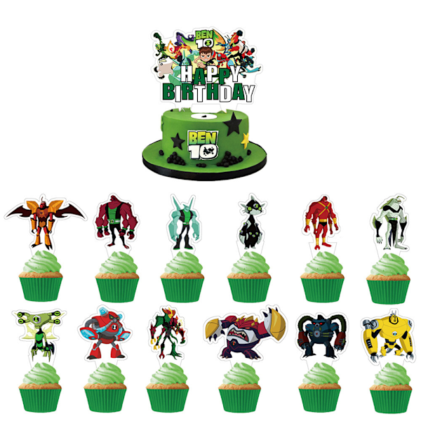 \"Ben 10\" Grön Grattis På Födelsedagen Festdekorationer Banner Ballonger Tårta Topper Set