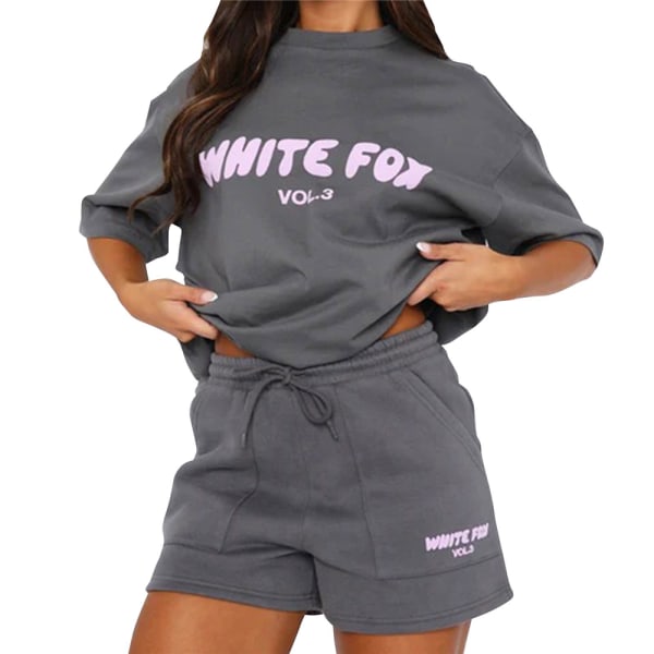 2ST White Fox Boutique Dam T-Shirt Shorts Kortärmad Casual Top Ladies Tracksui Dark grey 2XL