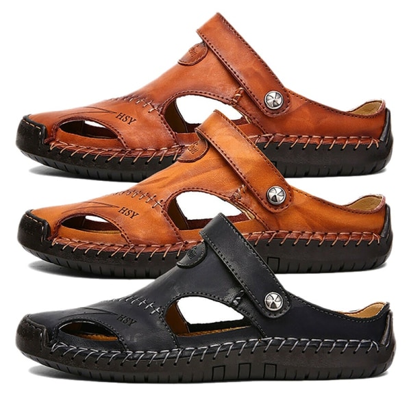 Sommar män läder sandaler sömmar stängd tå brown 48
