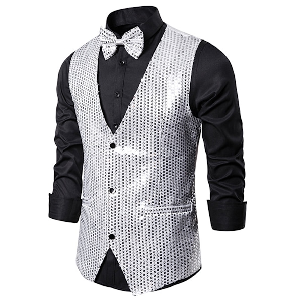 Herre Paillet Veste+Sløjfe Knap Vest Glitter Vest Forretning Dansefest Jakkesæt Silver XL