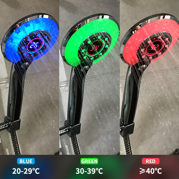 LED Brusehoved, Regnbruser, Håndbruser, Temperaturindikator, 3 Lysfarver, Vandbesparende
