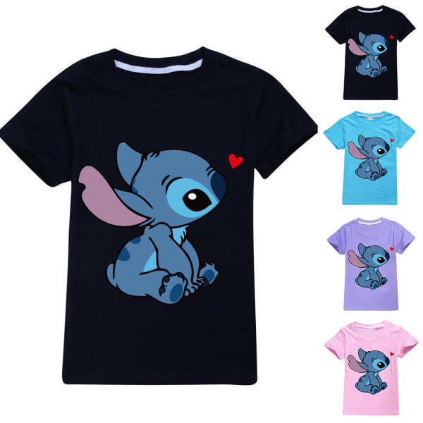 Barn Flickor Lilo & Stitch printed kortärmad sommar T-shirt med rund hals Casual Light blue 130cm