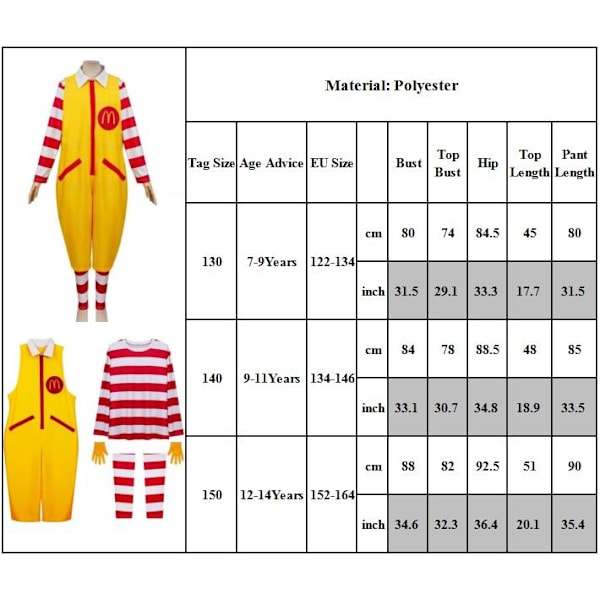 Mcdonald Cosplay Kostym Unisex Ronald Party Maskerad Sutra Clown Karaktär 150cm