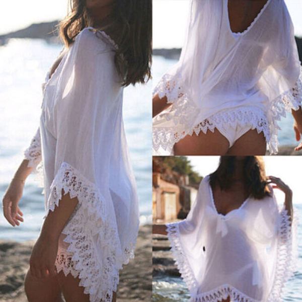 Kvinnlig Sexig Sommar Badkläder Vit Dubbel V Transparent Blus white M