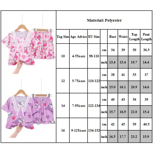 2-pack Sanrio Kuromi Pyjamas för flickor och pojkar, kortärmad tröja och byxor, sovkläder, hemkläder A 9-12Years