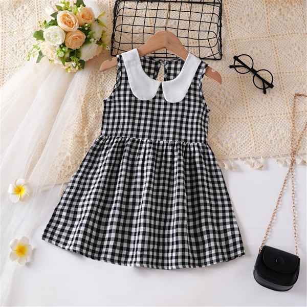 Piger Kjole ternet ærmeløs dukke krave prinsesse swing sommerkjole Black 120cm