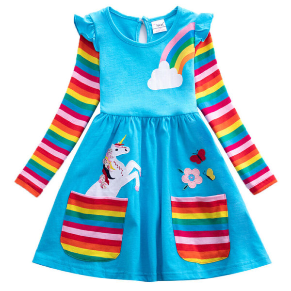 Kids Unicorn Dress Långärmad A-Line Rainbow Princess Dresses Pink 6-7 Years
