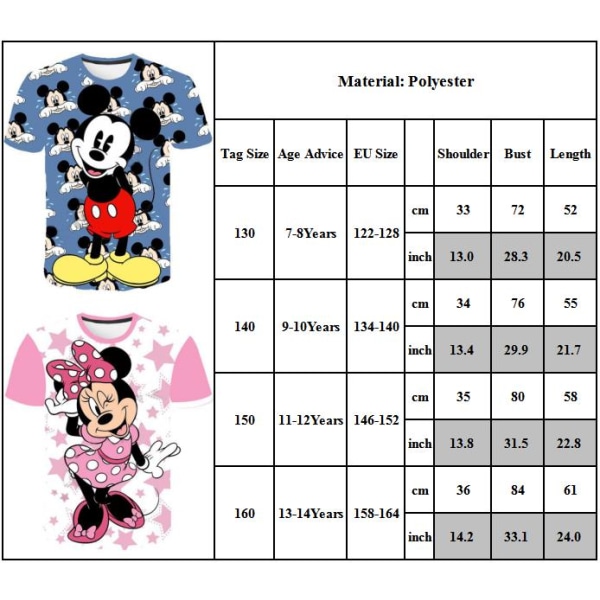 Mickey Minnie Mouse T-shirt för barn, pojkar och flickor, kortärmad, sommar A 160cm