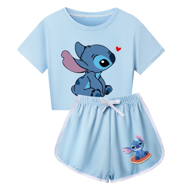 Barn Flickor Stitch Träningsdräkt Söt Tecknad Anime Kortärmad T-shirt + Shorts Set Casual Sportkläder Light Blue 170cm