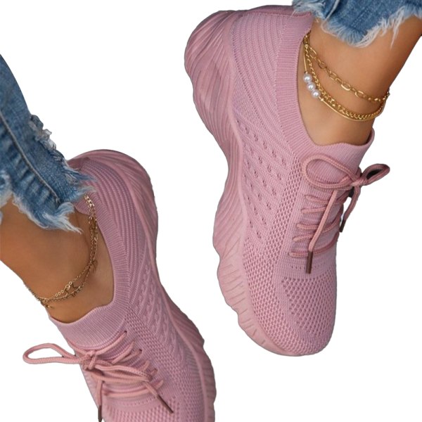 Löptränare för kvinnor Sneakers Knit Snöra bekväma gymskor pink 36