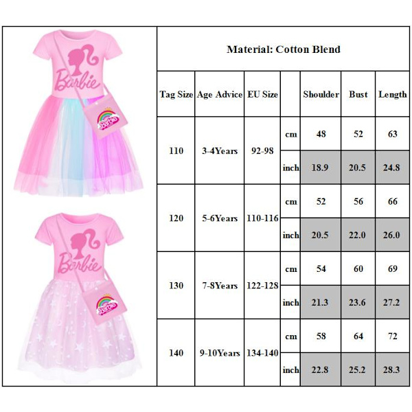 Barbie-vaaleanpunainen Prinsessa Cosplay Tyttöjen Mekko Lasten Barbie Mekko Tähti Sateenkaari Pitsihame Olkalaukulla Pink-A 110cm