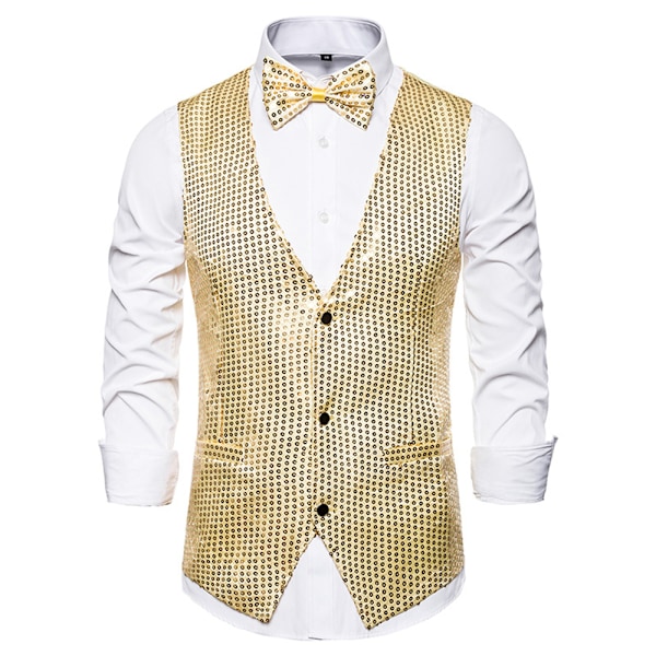 Miesten paljettiliivit + rusetti napillinen liivi glitterliivi bisnes tanssiaisasupuku Gold 2XL
