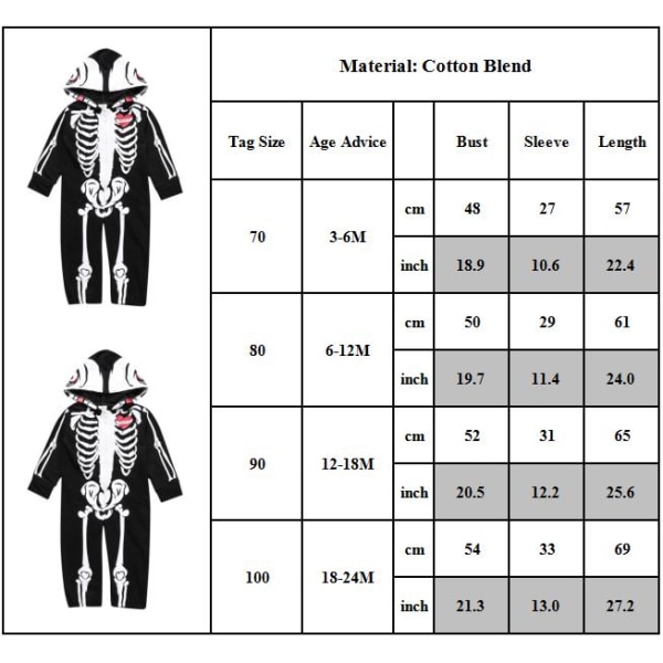 Halloween kostym nyfödd baby pojke kostym skelett jumpsuit 70cm