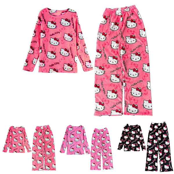 Dam- och flickor Cartoon Anime Cat All Character Print Flanell Lounge Sleep Bottoms Pyjamas + Långärmad Julset Rose Red XL