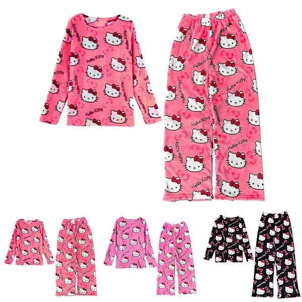 Dame Piger Tegneserie Anime Kat Alle Karakter Print Flanel Lounge Sovende Underdele Pyjamas Bukser + Langærmede Jule Sæt Rose Red M