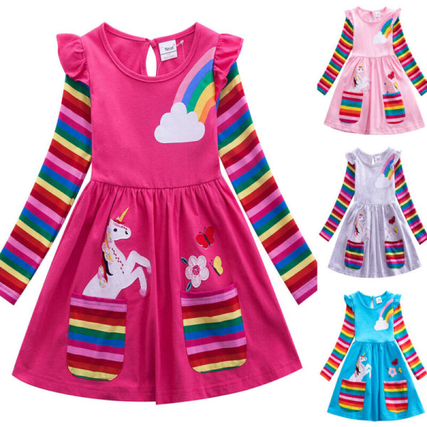 Kids Unicorn Dress Långärmad A-Line Rainbow Princess Dresses Pink 4-5 Years