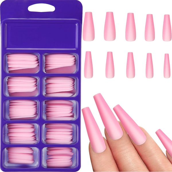 100 st Långa Falska Naglar Artificiella Falska Naglar Tips Stick Cover pink