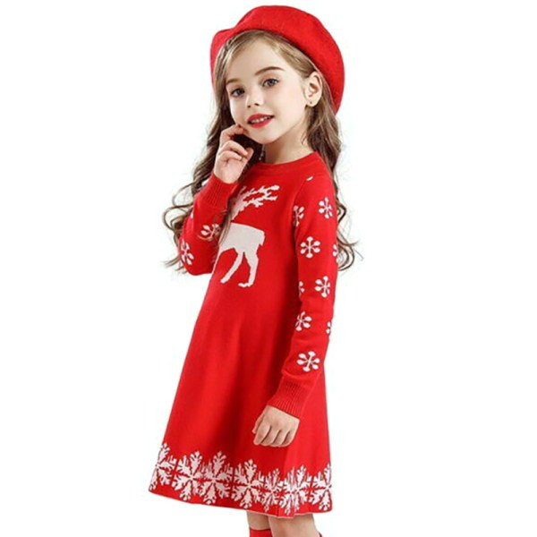 Barn flicka Jul Älg Print Långärmad Princess Dress Winter red 100cm