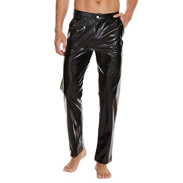 Herr 70-80-tals Metalliska Glänsande Disco Byxor Våt Look Party Dans Raka Ben Byxor Black 3XL