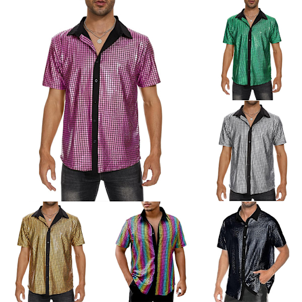 Herreknapper Disco Skjorte Retro 70-talls Paljett Metallisk Kort Ermet Partykostyme Dark Stripes M