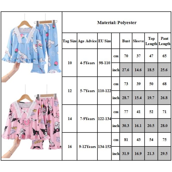 2st Flickor Pojkar Sanrio Kuromi Pyjamas Långärmad skjorta Toppar Byxor Sovkläder Set A 9-12Years
