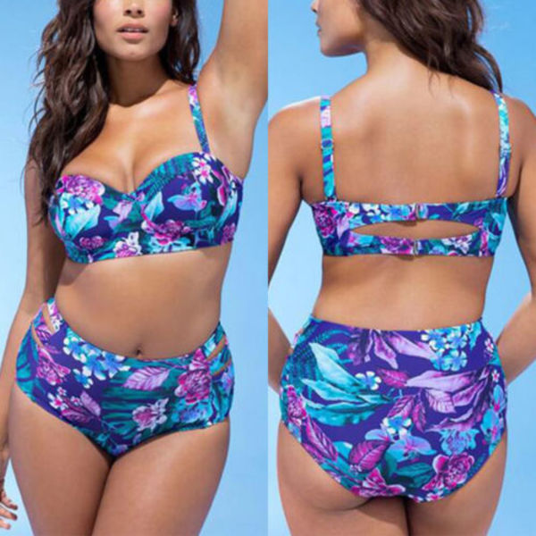 Plus Size Dam Bikinisätt med Blommönster, Hög Midja, Strandkläder blue 2XL