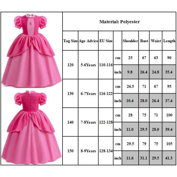 Peach Princess Klänning För Tjej Halloween Cosplay Kostym Klänning 130cm