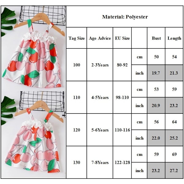 Flickor Körsbärstryck Slipklänning Sommar Semester Fest Kort Prinsessa Solklänning 100cm