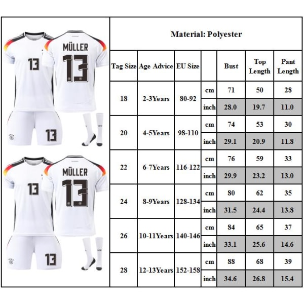 Tyskland hemmaställ för Europacupen 2024-2025, Muller 13 tröja fotbollssats, tröja, shorts, strumpor för Muller-fans 24