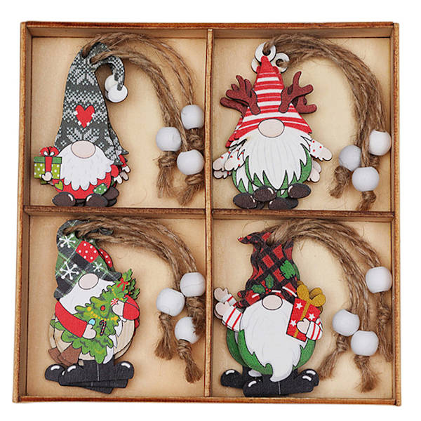 12 stk. juletre, julepynt i tre, hengende ornamenter, dekor A