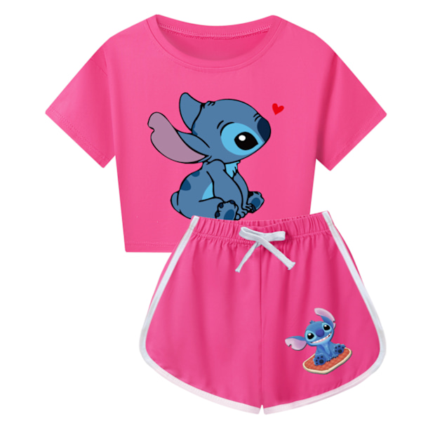 Barn Flickor Stitch Träningsdräkt Söt Tecknad Anime Kortärmad T-shirt + Shorts Set Casual Sportkläder Rose Red 110cm